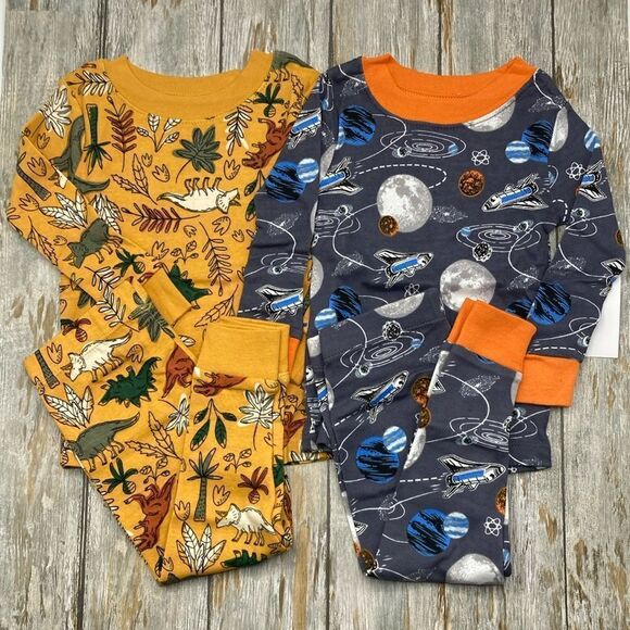 Dinosaur & Spaceship Cotton Long Sleeve Tight Fit Pajamas 2, 2-Pc Sets Size 12 M - Picture 1 of 15